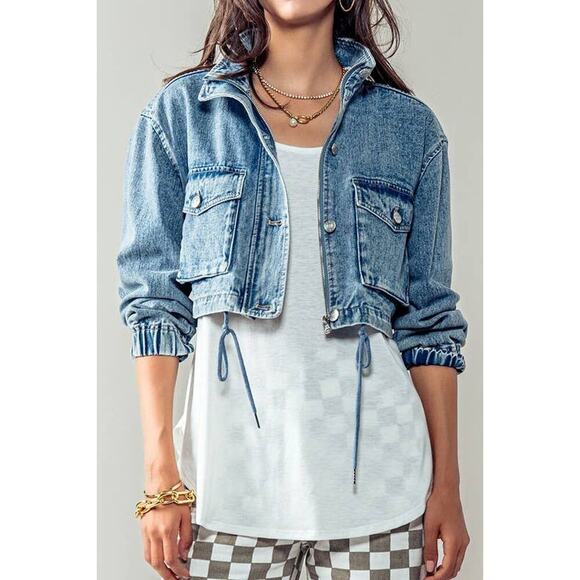 Urban Daizy Utility Cropped Drawstring Hem Stand Collar Denim Jacket - Picture 14 of 16